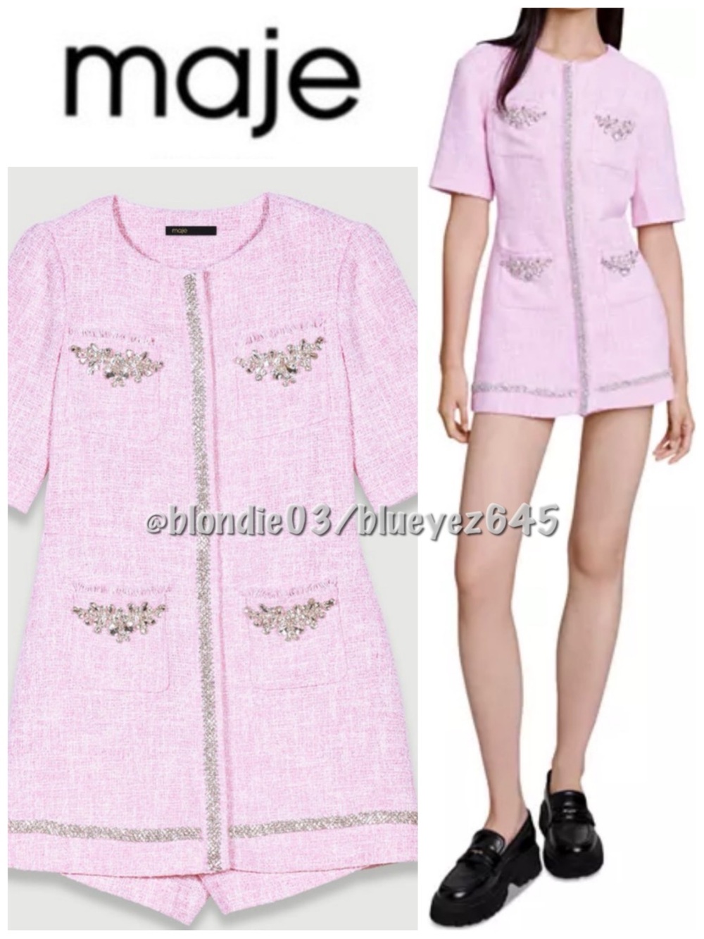 Maje Pink Tweed Short-Sleeve Embellished Romper